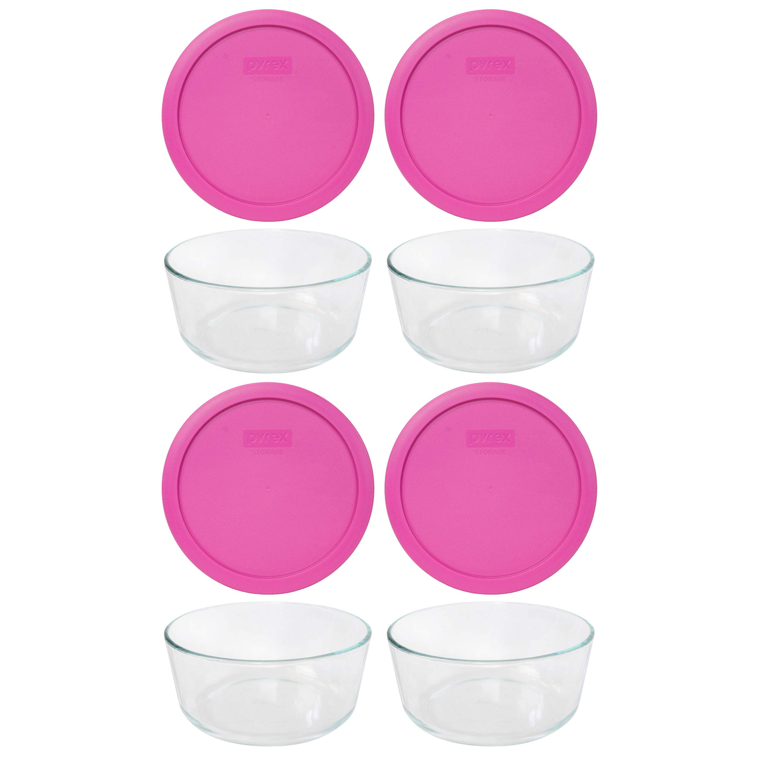 Pyrex (4) 7203 7-Cup Glass Bowls & (4) 7402-PC 7-Cup Pink Lids - Made in the USA