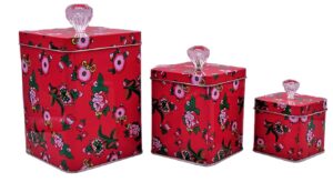 hadaaya square red tin can empty cube steel box storage container with crystal knob for powder treats, gifts, favors, loose tea, coffee and crafts, mini portable small storage kit, valentine day gift