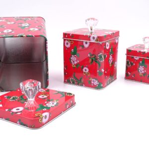 hadaaya Square Red Tin Can Empty Cube Steel Box Storage Container with Crystal Knob for Powder Treats, Gifts, Favors, Loose Tea, Coffee and Crafts, Mini Portable Small Storage Kit, Valentine Day Gift