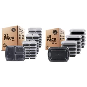freshware meal prep containers bento boxes with lids (21 pack, 3 compartment, 24 oz) and (15 pack, 1 compartment, 28 oz)