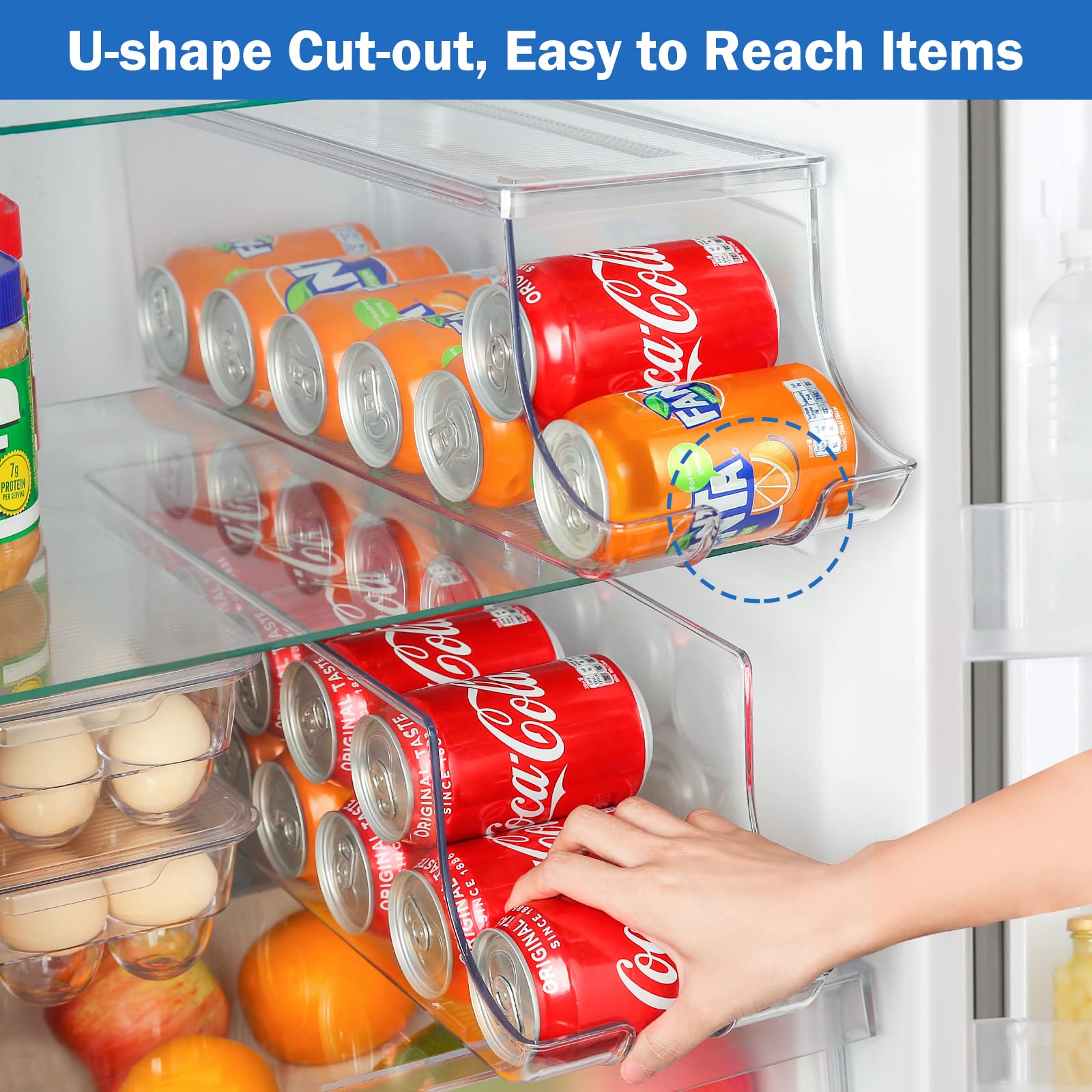 Puricon 2 Pack Soda Can Organizer Dispenser for Refrigerator Bundle with 2 Pack Fresh Food Containers for Fridge, Kitchen Fruit Storage Accessories Vegetable Keeper Produce Saver