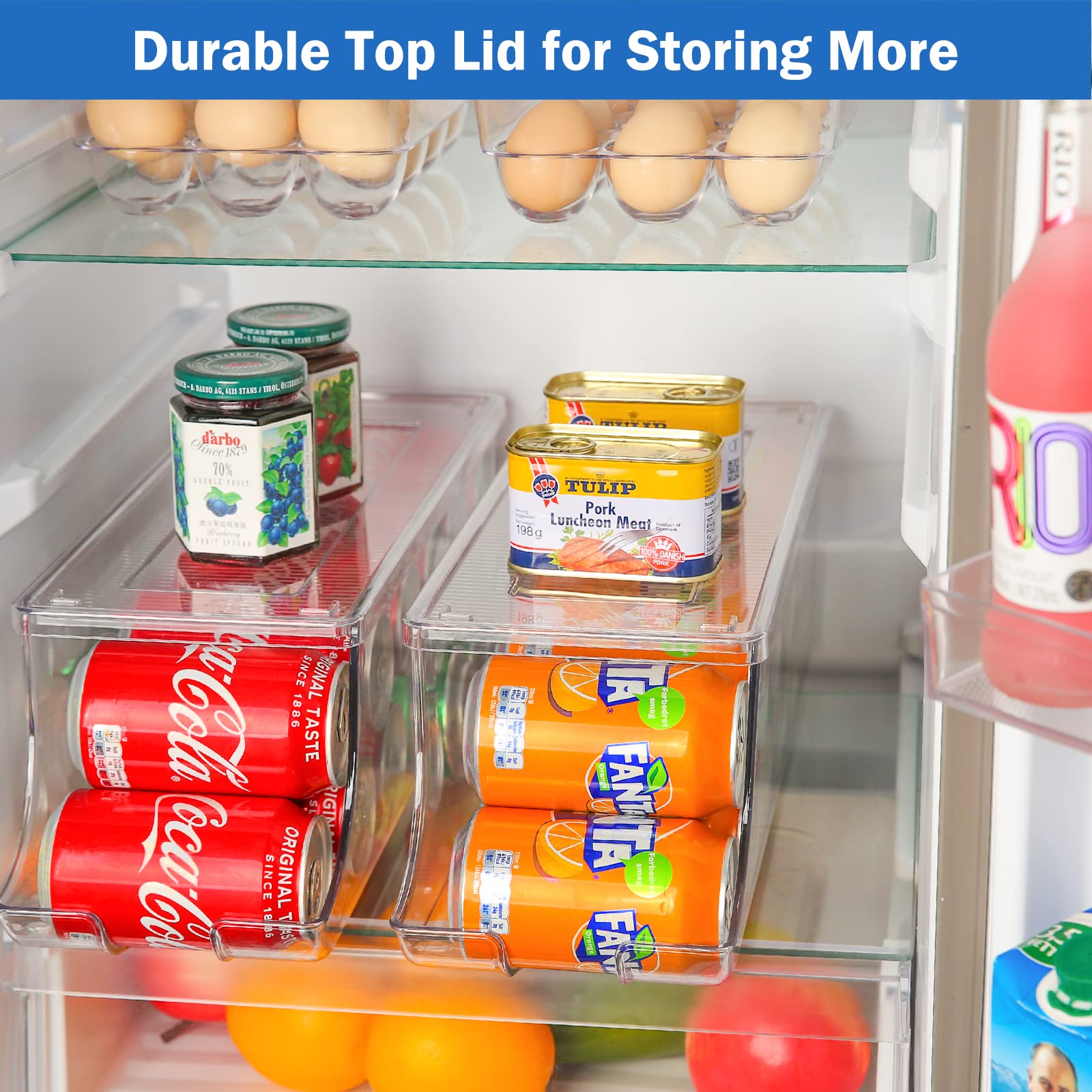 Puricon 2 Pack Soda Can Organizer Dispenser for Refrigerator Bundle with 2 Pack Fresh Food Containers for Fridge, Kitchen Fruit Storage Accessories Vegetable Keeper Produce Saver