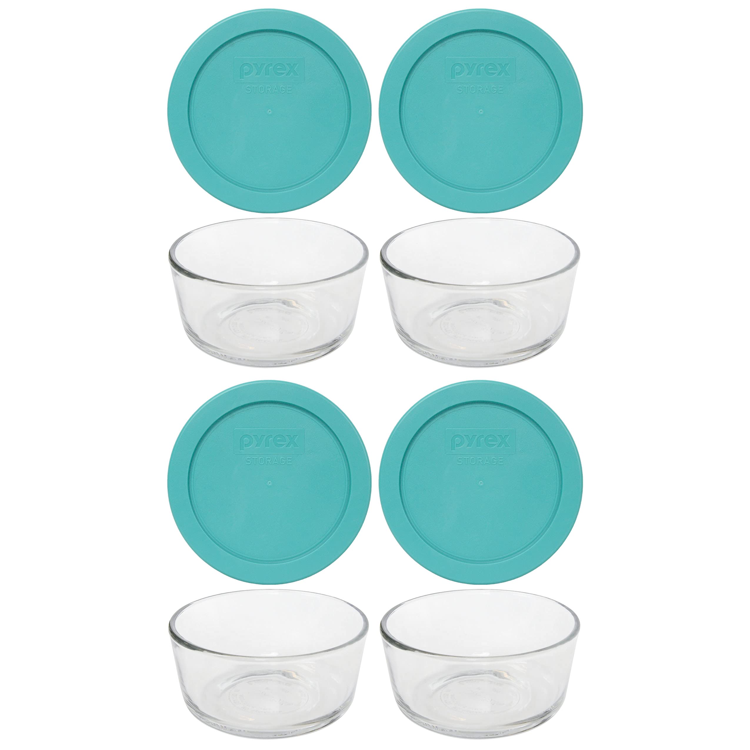 Pyrex (4 7200 Glass Bowls & (4) 7200-PC Turquoise Blue Lids Made in the USA