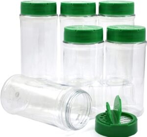 salusware 6 pack 16 ounce round green cap plastic spice jars bottles containers perfect storing spice, herbs powders lined cap safe plastic made in the usa