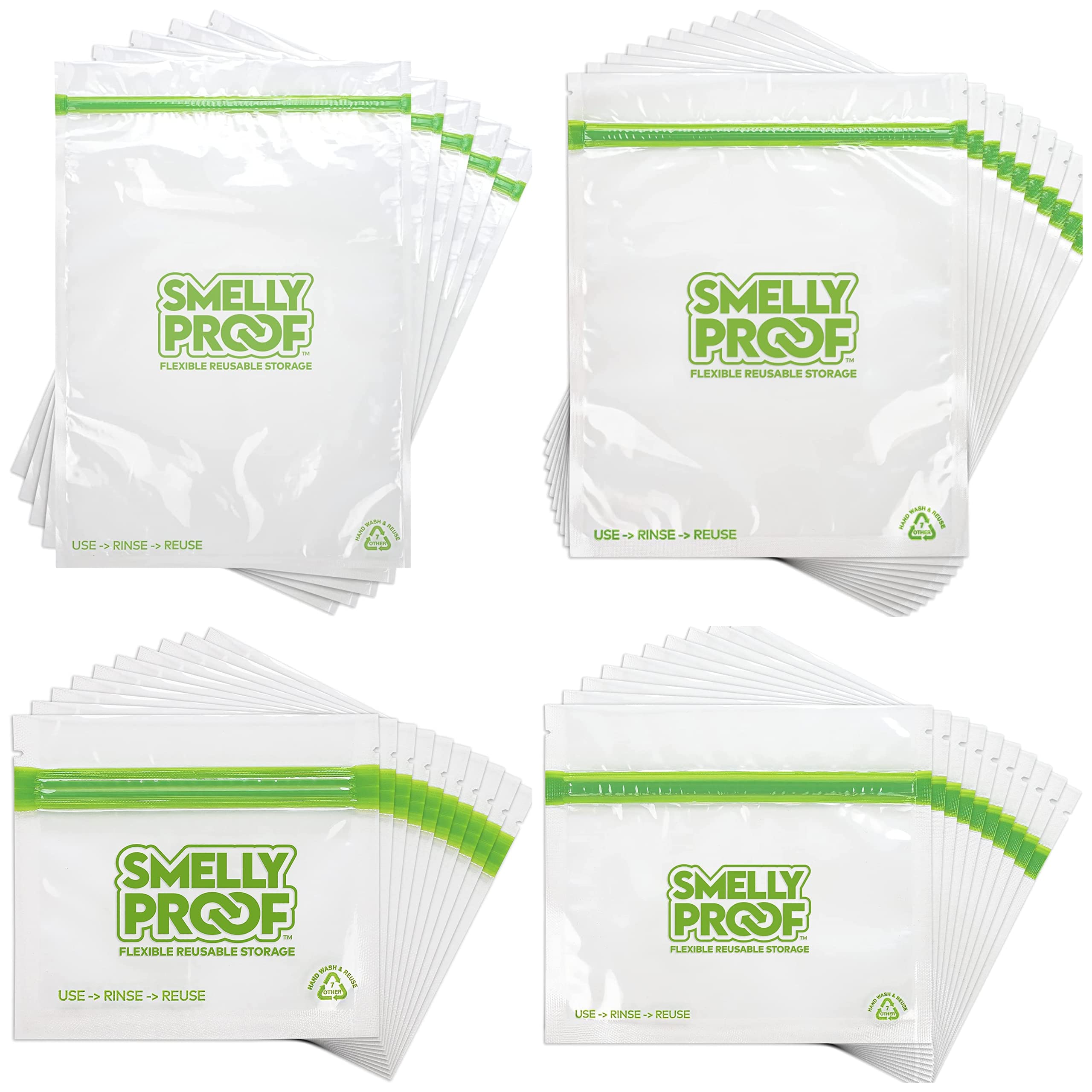 REUSABLE STORAGE BAGS BUNDLE Designed by Smelly Proof - Made in USA, PEVA & BPA FREE - Clear, 3-Mils Thick - Pack of 35 (10 XS-Small, 10 SM-Snack, 10 Med-Sandwich, 5 Extra Large)