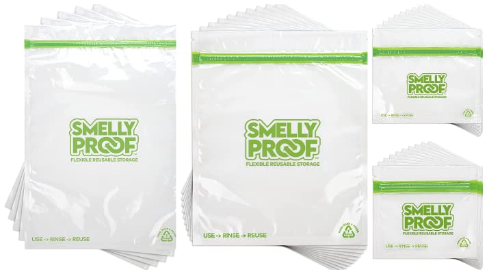 REUSABLE STORAGE BAGS BUNDLE Designed by Smelly Proof - Made in USA, PEVA & BPA FREE - Clear, 3-Mils Thick - Pack of 35 (10 XS-Small, 10 SM-Snack, 10 Med-Sandwich, 5 Extra Large)