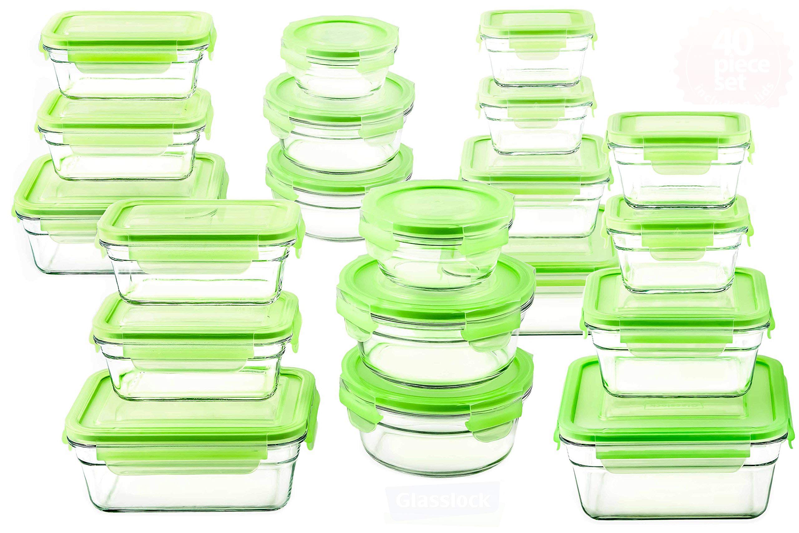 GLASSLOCK Tempered Storage Containers 40pc Set Green Lids Microwave & Oven Safe Airtight Anti Spill Proof