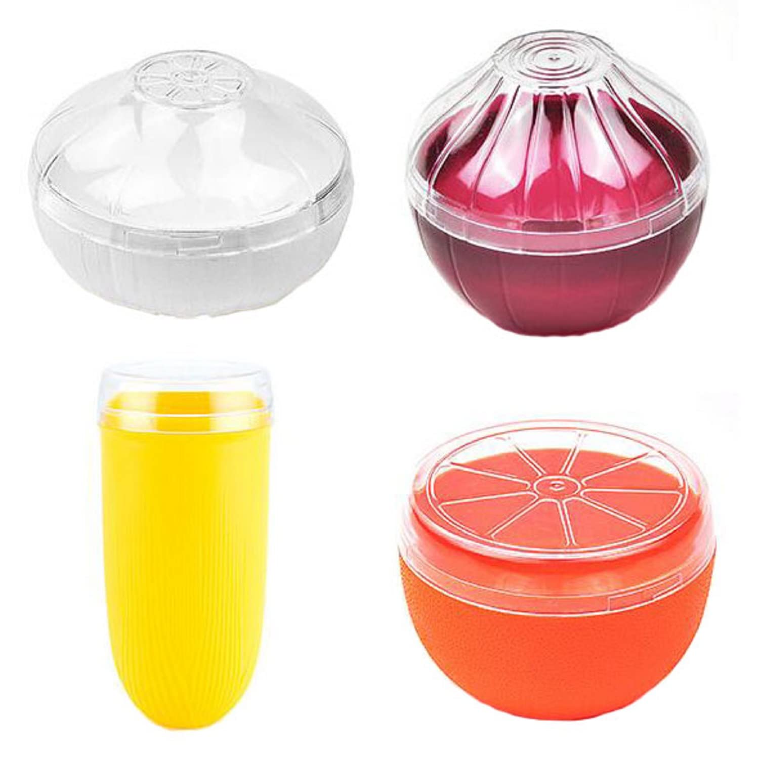 MIAO JIN 4 PCS Fruit and Vegetable Shaped Food Saver Storage Containers With Transparency Cover Holder Refrigerator Vegetable Crisper (Corn, Oranges, Garlic, Onions)