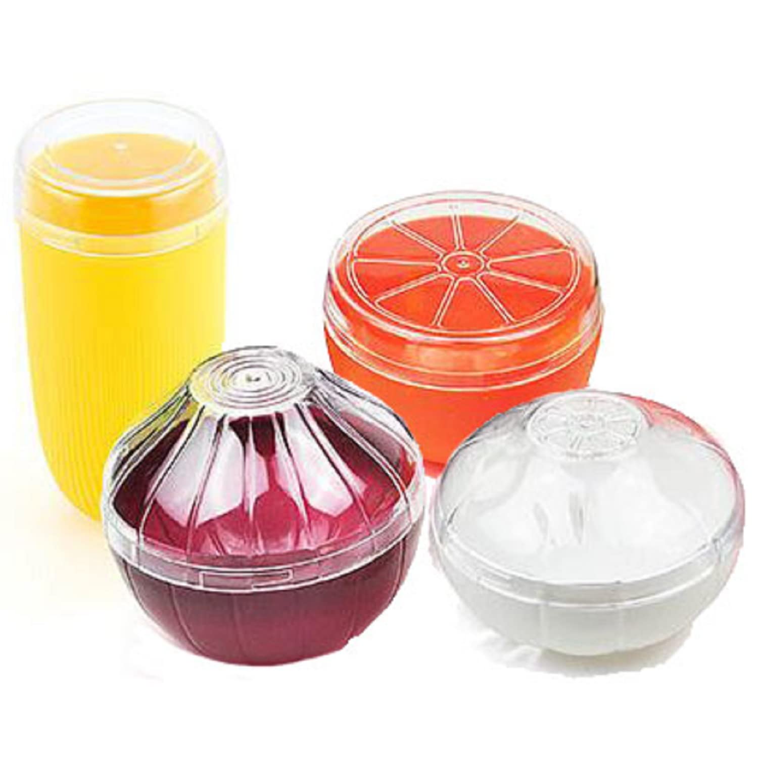 MIAO JIN 4 PCS Fruit and Vegetable Shaped Food Saver Storage Containers With Transparency Cover Holder Refrigerator Vegetable Crisper (Corn, Oranges, Garlic, Onions)