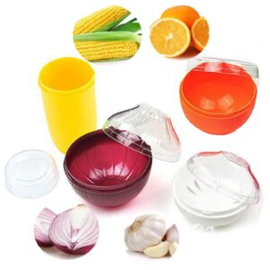 MIAO JIN 4 PCS Fruit and Vegetable Shaped Food Saver Storage Containers With Transparency Cover Holder Refrigerator Vegetable Crisper (Corn, Oranges, Garlic, Onions)