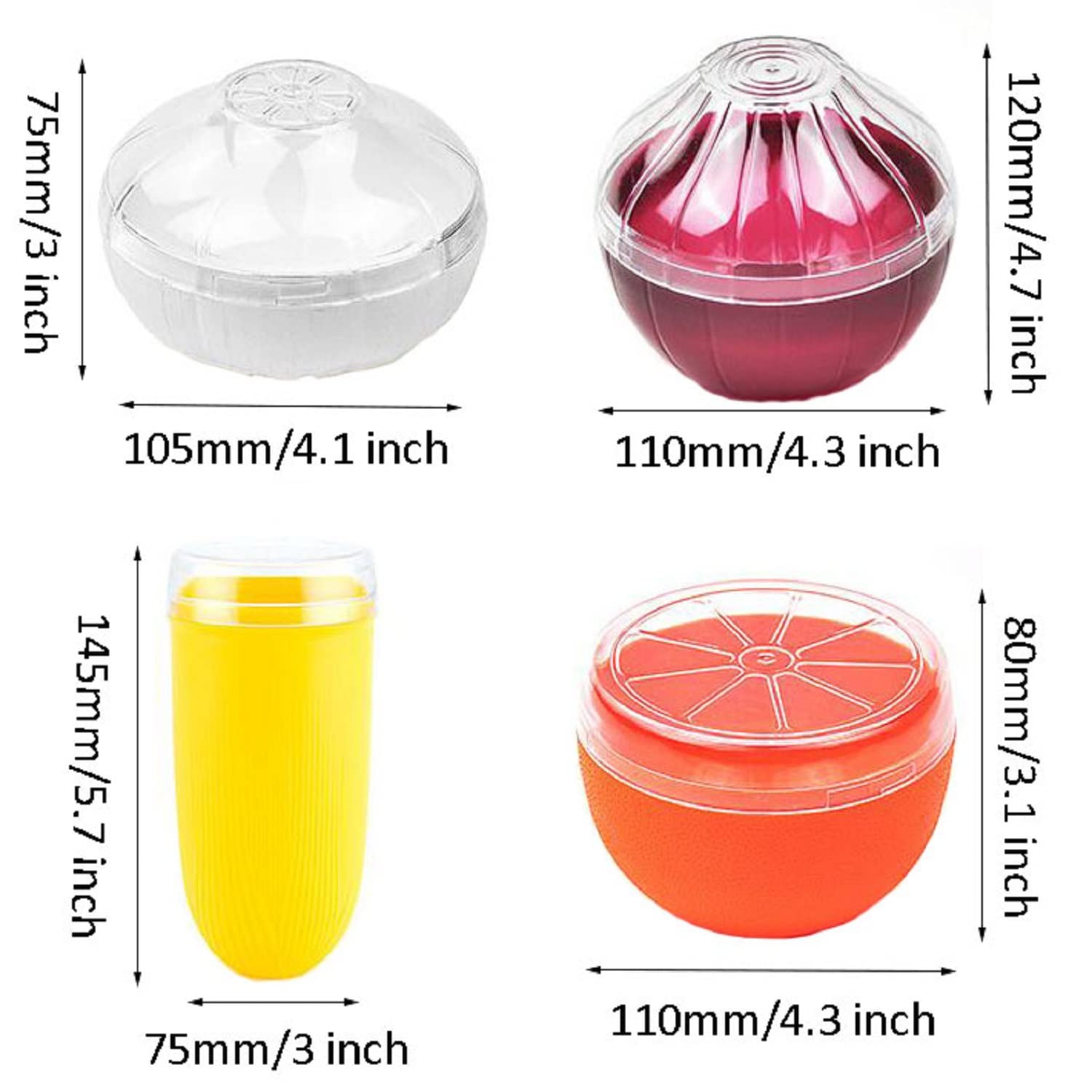 MIAO JIN 4 PCS Fruit and Vegetable Shaped Food Saver Storage Containers With Transparency Cover Holder Refrigerator Vegetable Crisper (Corn, Oranges, Garlic, Onions)