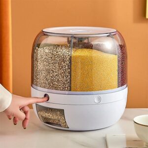 SFNTION Dry Grain & Rice Storage Container - 12L Separate Rice Bucket Cereal Dispenser for Pantry and Kitchen Countertop 6 Grid Rotating Food Grain Organizer Box Automatic Output Food