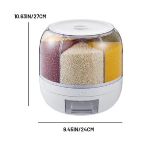 SFNTION Dry Grain & Rice Storage Container - 12L Separate Rice Bucket Cereal Dispenser for Pantry and Kitchen Countertop 6 Grid Rotating Food Grain Organizer Box Automatic Output Food