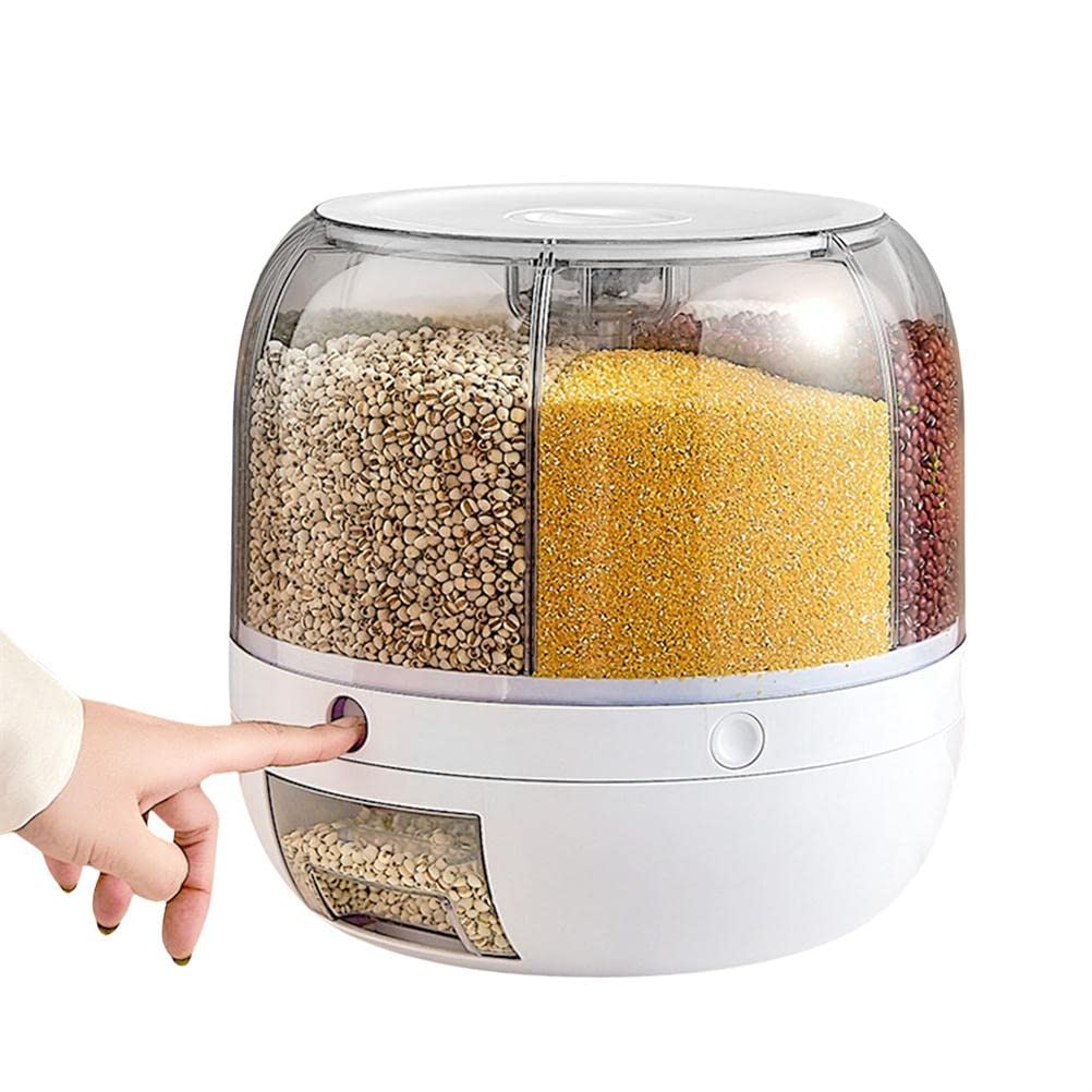 SFNTION Dry Grain & Rice Storage Container - 12L Separate Rice Bucket Cereal Dispenser for Pantry and Kitchen Countertop 6 Grid Rotating Food Grain Organizer Box Automatic Output Food