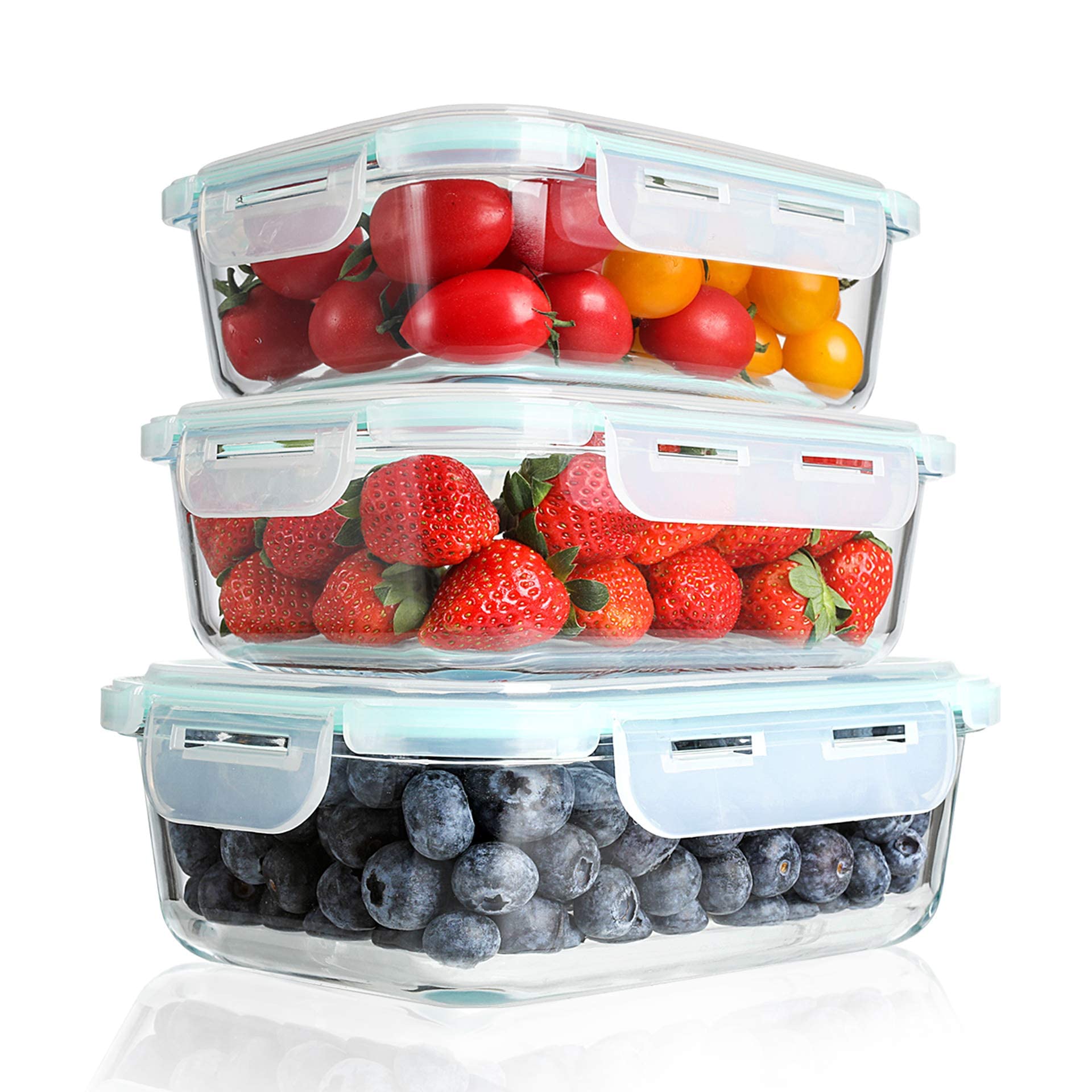 WHOLE HOUSEWARES | Glass Food Storage Containers Meal Prep Pack of 3 in Different Sizes | Food Storage Containers Glass With Lids Airtight | For Meal Prep and Fruit