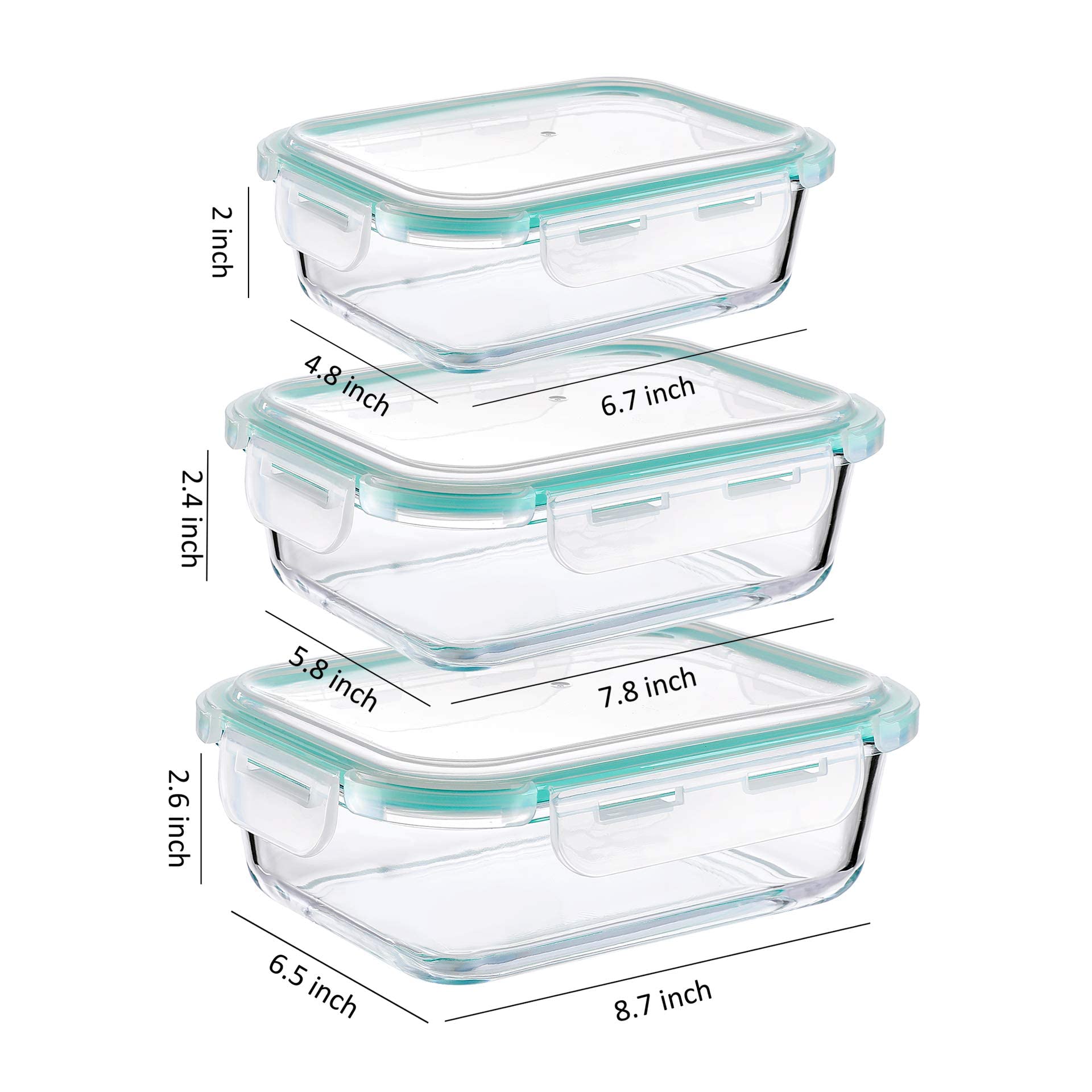 WHOLE HOUSEWARES | Glass Food Storage Containers Meal Prep Pack of 3 in Different Sizes | Food Storage Containers Glass With Lids Airtight | For Meal Prep and Fruit