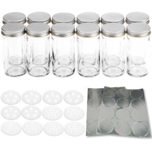 spiceluxe 12 premium round glass spice bottles, premium jars with silver metal lids, shaker tops, and blank labels