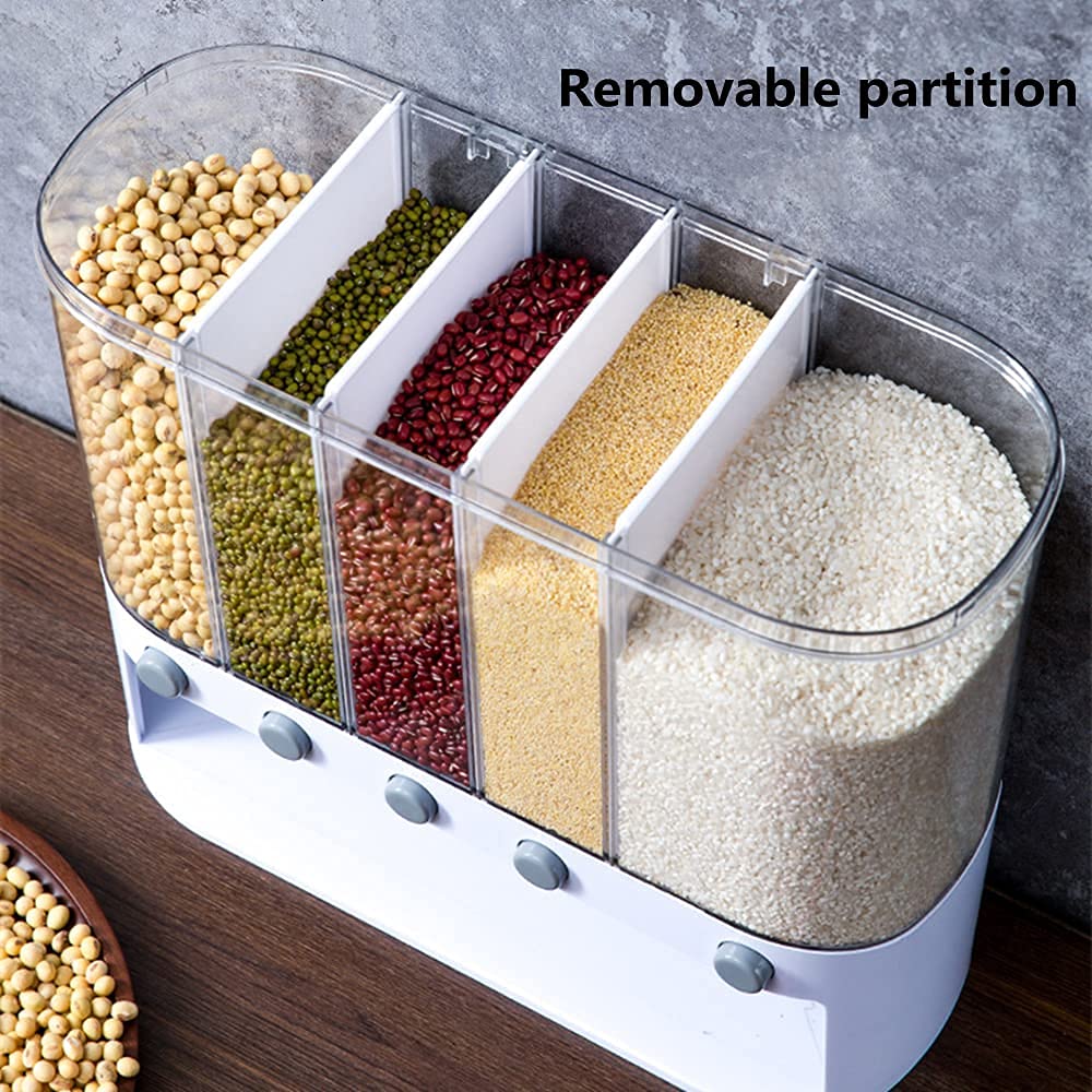 DAOGUAN Rice Dispenser 5-Grid Wall Mounted Dry Food Storage Container Grain Storage Tank 12L Food Dispenser Rice Bucket with Lid Kitchen Container for Rice Grain Nuts Beans,White,155736Y87TKPHCRM9