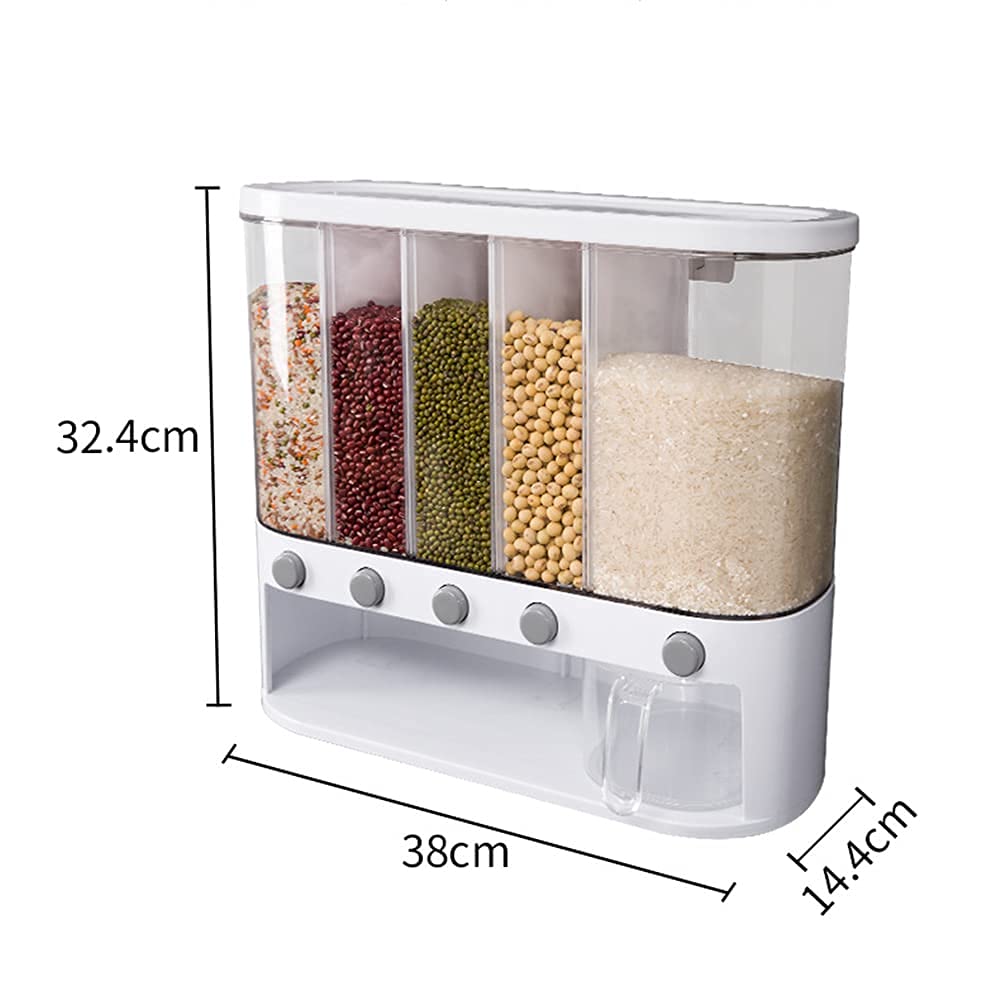 DAOGUAN Rice Dispenser 5-Grid Wall Mounted Dry Food Storage Container Grain Storage Tank 12L Food Dispenser Rice Bucket with Lid Kitchen Container for Rice Grain Nuts Beans,White,155736Y87TKPHCRM9