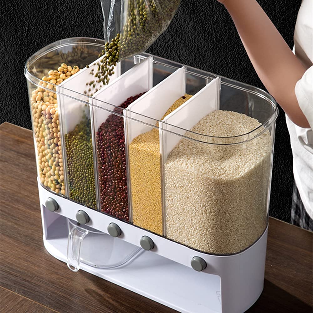 DAOGUAN Rice Dispenser 5-Grid Wall Mounted Dry Food Storage Container Grain Storage Tank 12L Food Dispenser Rice Bucket with Lid Kitchen Container for Rice Grain Nuts Beans,White,155736Y87TKPHCRM9