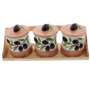 wooden stand with three ceramic pots - olive