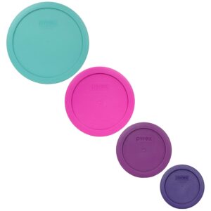 pyrex (1) 7402-pc turquoise, (1) 7201-pc pink, (1) 7200-pc thistle purple, & (1) 7202-pc plum purple round plastic food storage replacement lids, made in the usa