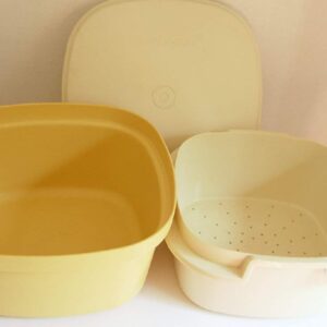 Tupperware Microwave Three Piece Vintage Square Rice Vegetable Steamer Almond and Gold