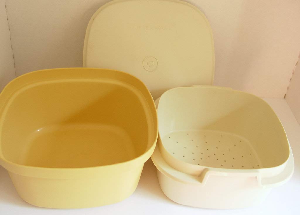 Tupperware Microwave Three Piece Vintage Square Rice Vegetable Steamer Almond and Gold