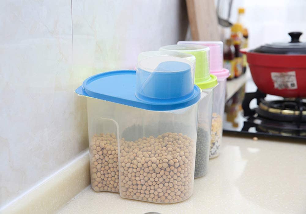 Saim Cereal Container with Pour Spout and Measuring Cup Plastic Clear Food Saver Airtight Watertight Cereal Keeper Food Storage Containers for Rice Grain Cereal Oatmeal Sugar Nuts Beans, 1.9L, 2Pcs