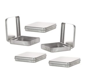 magnakoys square silver metal hinged tins 3.5 x 3.5 x .70 inches boxes for candy storage geocaching (5-pack)