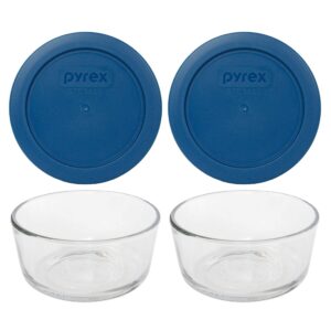 pyrex (2 7200 2 cup glass dishes & (2) 7200-pc 2 cup blue spruce lids made in the usa