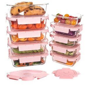 hakeemi glass meal prep containers 10 pack, glass food storage containers with snap locking lids airtight built in air vents, glass containers for lunch, microwave/dishwasher safe, pink