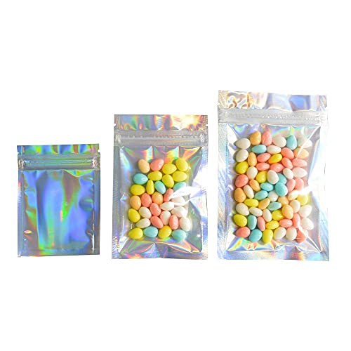 100 Pcs Zip Plastic Bag Aluminum Foil Hologram Food Pouch Small Water Proof Zipper Reclosable Pouches(5.9inch)