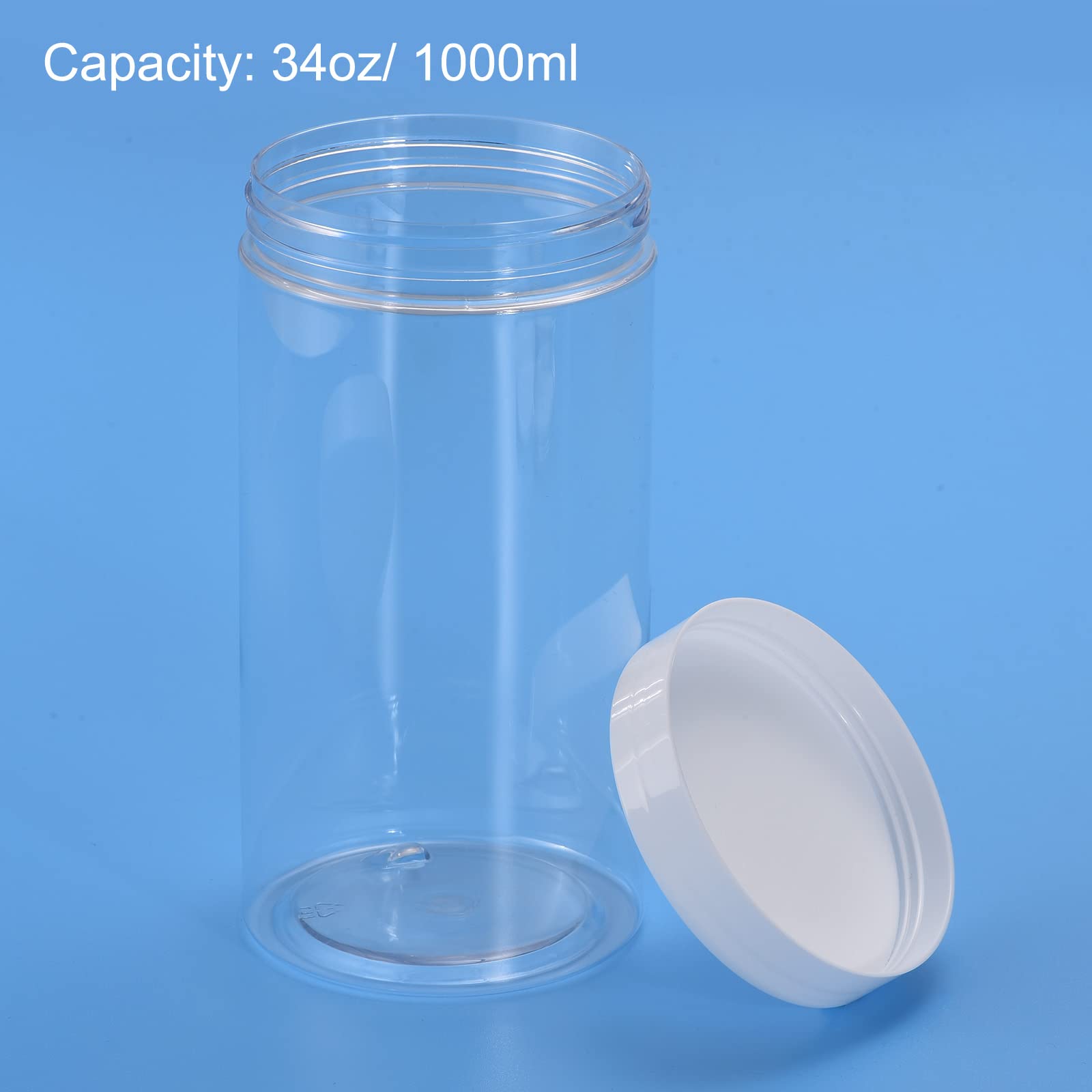 uxcell Round Plastic Jars with White Screw Top Lid, 34oz/ 1000ml Wide-mouth Clear Empty Containers for Storage, Organizing, 4Pcs