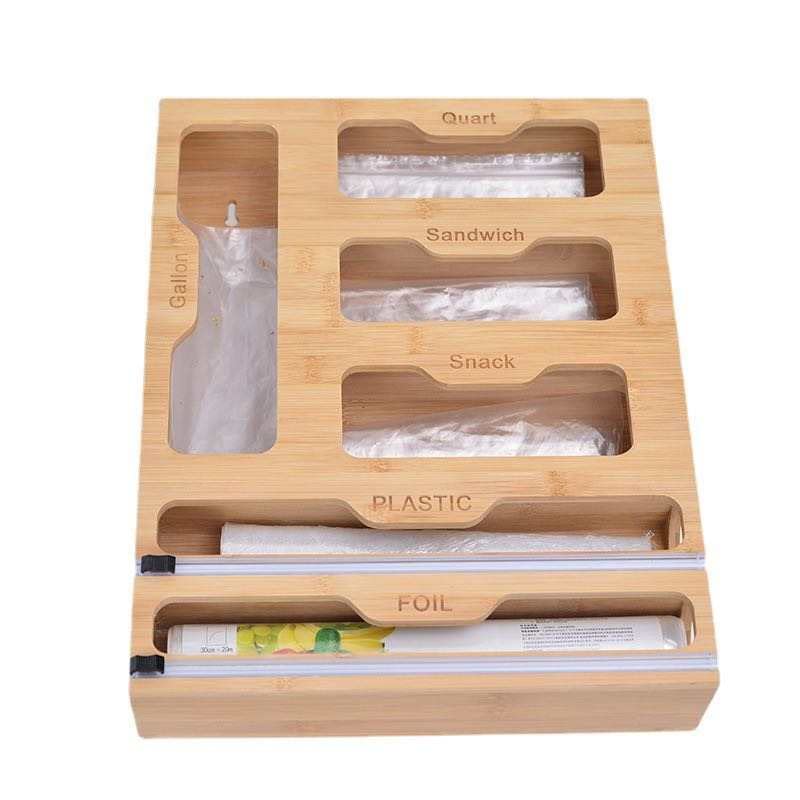 BATHA 6 in 1 Bamboo Ziplock Bag Storage Organizer with Foil and Plastic Wrap Dispenser with Cutter, Bamboo, Bag Organizer, 12" Roll Plastic Wrap, Foil…