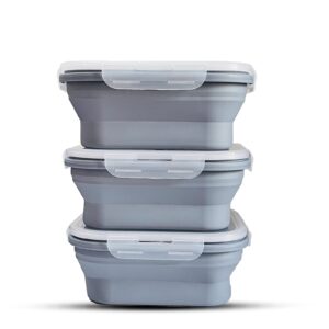 dodxoy silicone collapsible food storage containers, set of 3 square silicone lunch containers with airtight lid, prep/storage bowls microwave and freezer and dishwasher safe (blue)