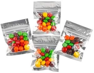 skemix 100 pack smell proof mylar bags, 3x4 inch resealable clear ziplock mylar bags food safe plastic aluminum material