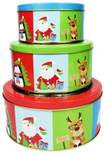 alef christmas/holiday set of 3 decorative nesting tins (round w/window)