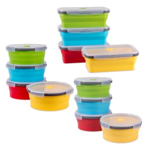 collapsible food storage containers with lid, bundle of 3 sizes, 12 pack, kitchen stacking silicone collapsible meal prep container set for leftover, microwave freezer dishwasher safe, 4 colors