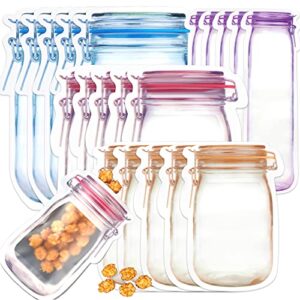 aster 20pcs reusable mason jar ziplock bags storage for food snack sandwich, airtight seal leak proof food bag, resealable zipper bottles shaped baggies for kitchen travel camping and kids