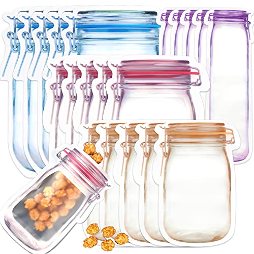 ASTER 20pcs Reusable Mason Jar Ziplock Bags Storage for Food Snack Sandwich, Airtight Seal Leak Proof Food Bag, Resealable Zipper Bottles Shaped Baggies for Kitchen Travel Camping and Kids