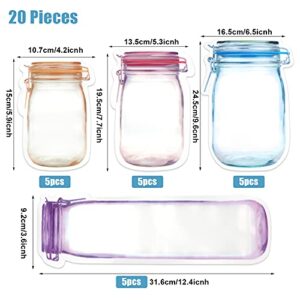 ASTER 20pcs Reusable Mason Jar Ziplock Bags Storage for Food Snack Sandwich, Airtight Seal Leak Proof Food Bag, Resealable Zipper Bottles Shaped Baggies for Kitchen Travel Camping and Kids