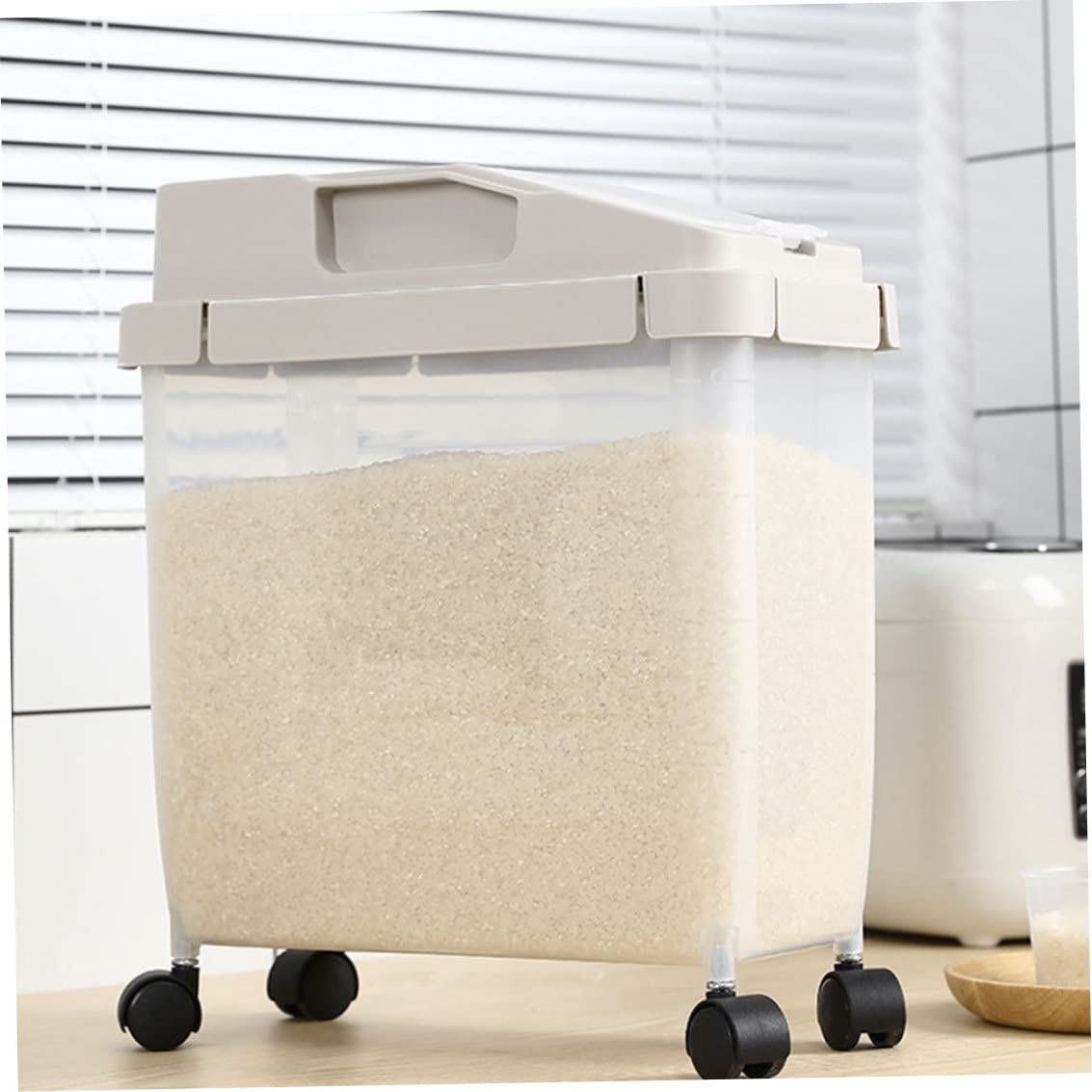 BVSPA Ingredient Storage Bin Container 10kg Rice Dry Food Sealed on Wheels with Lid Measuring Cup