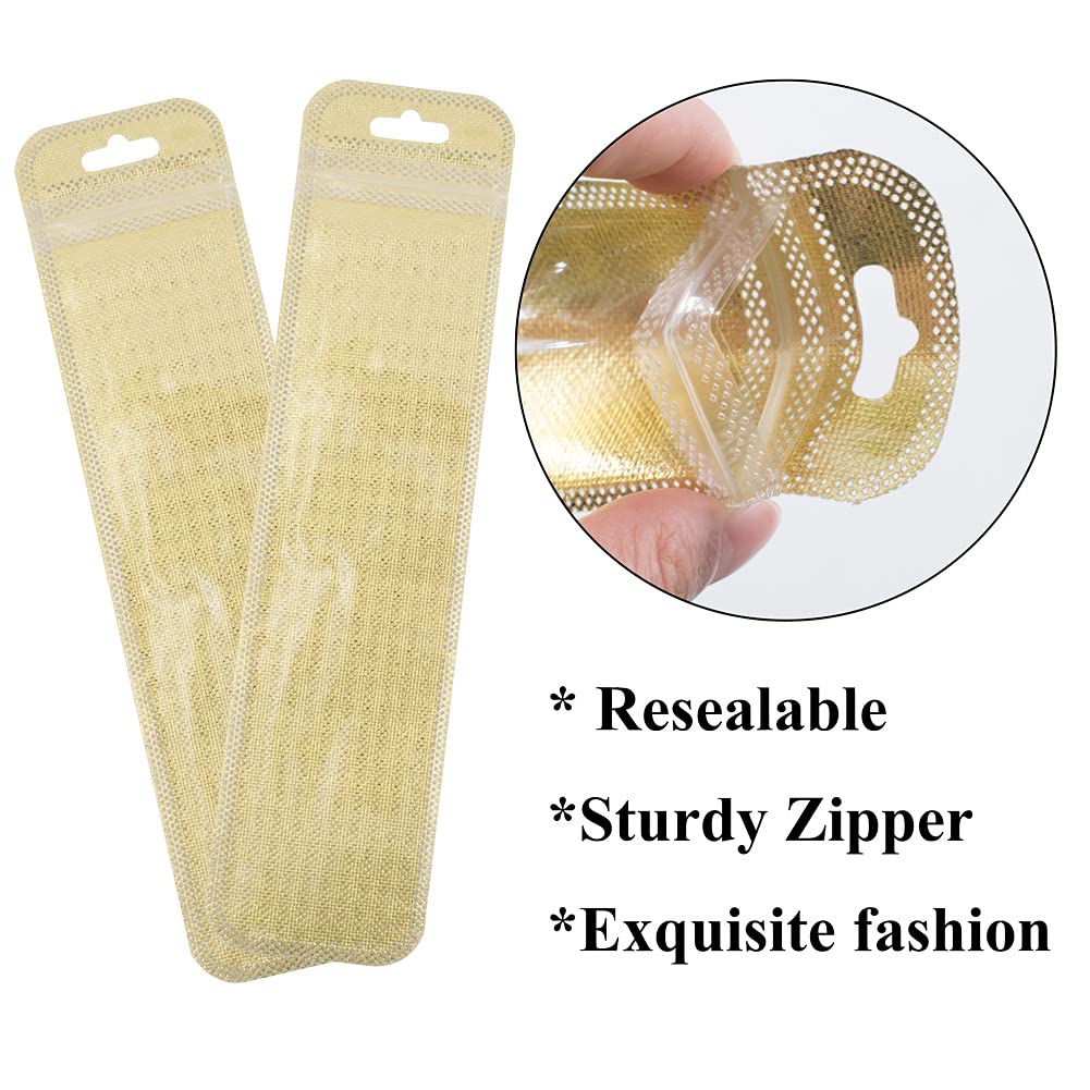 50pcs Resealable Mylar Ziplock Bags Long Jewelery Plastic Bags with Front Window Smell Proof Bag Packaging for Lip Gloss Lash Food Electronics Jewelry Electronics Pen Jewelry Necklace (Gold)