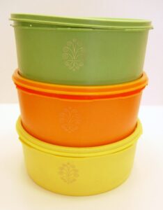 vintage tupperware servalier 6 piece stacking canister set orange yellow green 8 cups