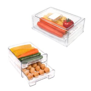 elabo 32 Grid Large Capacity Egg Holder for Refrigerator, Stackable Refrigerator Organizer Drawers with Removable Drain Tray, Fridge Organizer Bins, Pull Out Food Storage Container Bins with Drawers