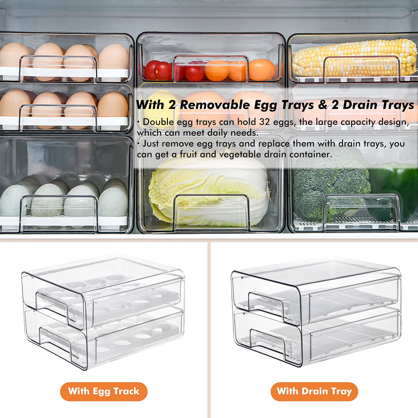 elabo 32 Grid Large Capacity Egg Holder for Refrigerator, Stackable Refrigerator Organizer Drawers with Removable Drain Tray, Fridge Organizer Bins, Pull Out Food Storage Container Bins with Drawers