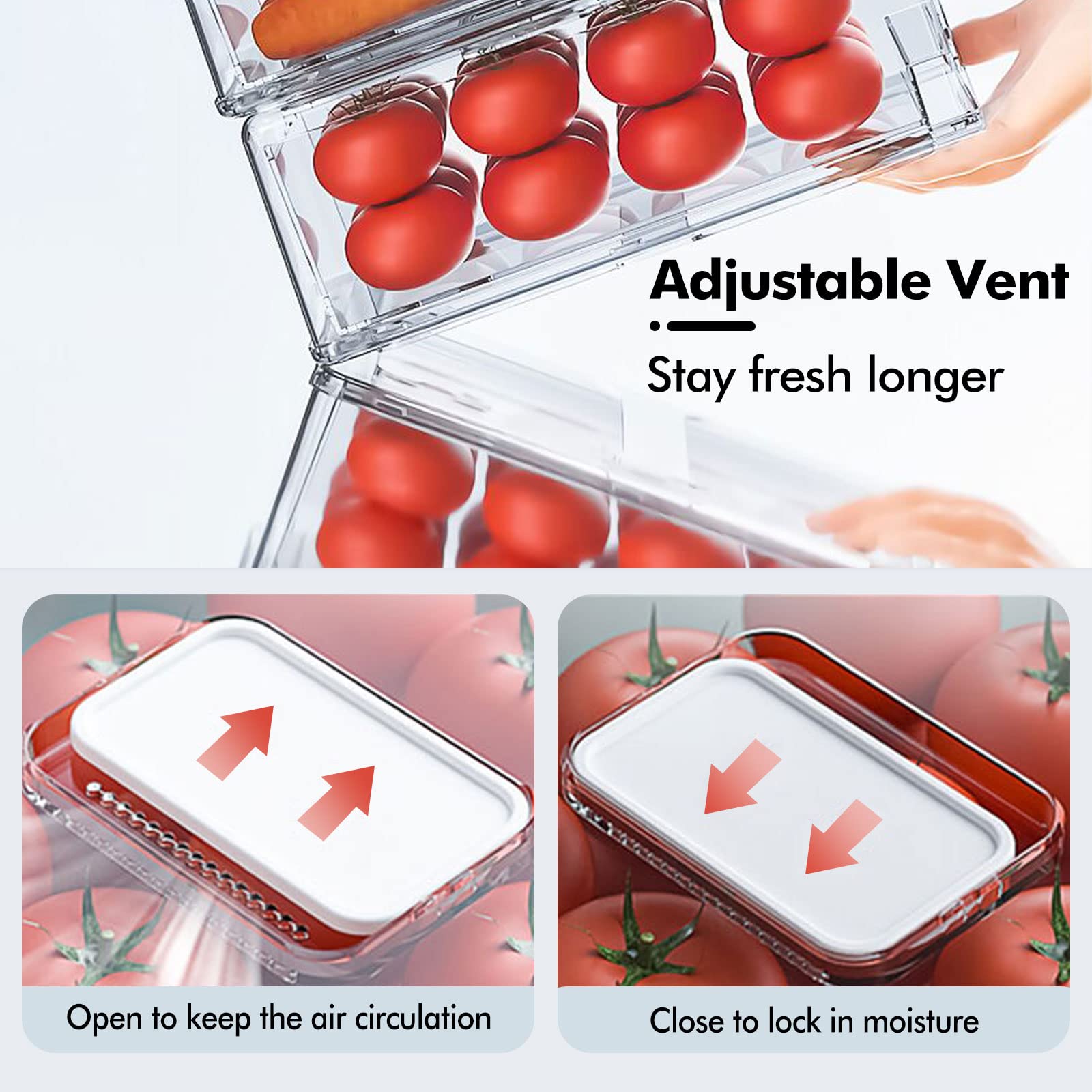 elabo 32 Grid Large Capacity Egg Holder for Refrigerator, Stackable Refrigerator Organizer Drawers with Removable Drain Tray, Fridge Organizer Bins, Pull Out Food Storage Container Bins with Drawers