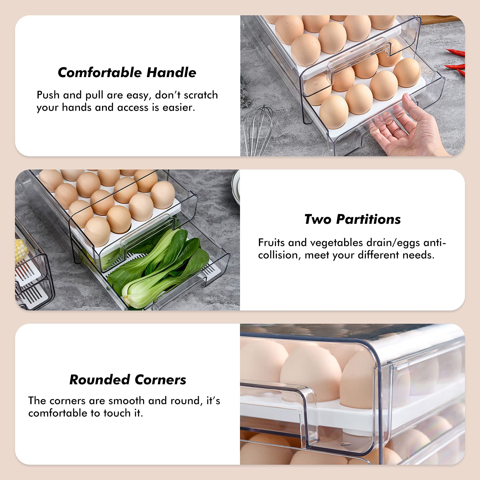 elabo 32 Grid Large Capacity Egg Holder for Refrigerator, Stackable Refrigerator Organizer Drawers with Removable Drain Tray, Fridge Organizer Bins, Pull Out Food Storage Container Bins with Drawers