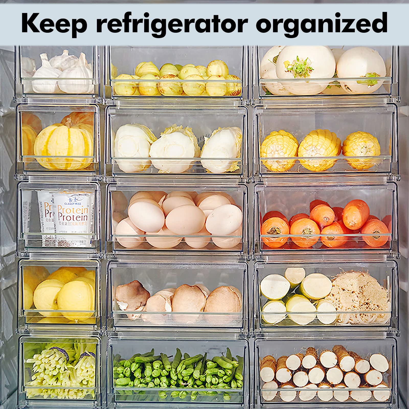 elabo 32 Grid Large Capacity Egg Holder for Refrigerator, Stackable Refrigerator Organizer Drawers with Removable Drain Tray, Fridge Organizer Bins, Pull Out Food Storage Container Bins with Drawers